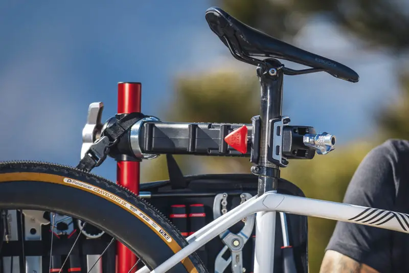 Feedback Sports Pro Mechanic lightweight folding aluminum bicycle repair stand, working