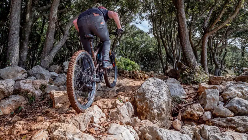Next-gen Shimano eMTB ebikes transformed with AutoShift FreeShift automatic shifting, powered by LinkGlide, EP-801 & 11sp XT Di2, photo by Dan Milner, riding away