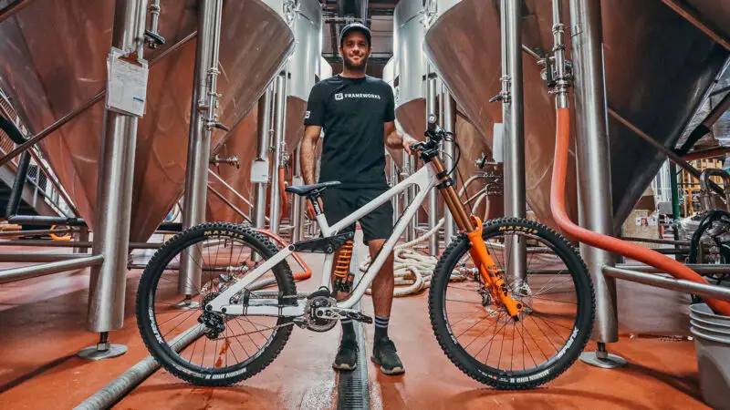 Neko Mulally Frameworks Racing x Cotic 853 steel DH bike project, in Oskar Blues brewery