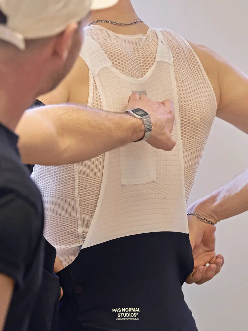 Pas Normal Studios Mechanism Pro road race cycling kit, mesh bib shorts detail