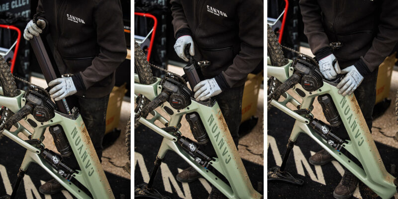 2023 Canyon Strive:ON CFR eMTB, race-ready carbon enduro ebike, photo by Boris Beyer, hot-swappable battery