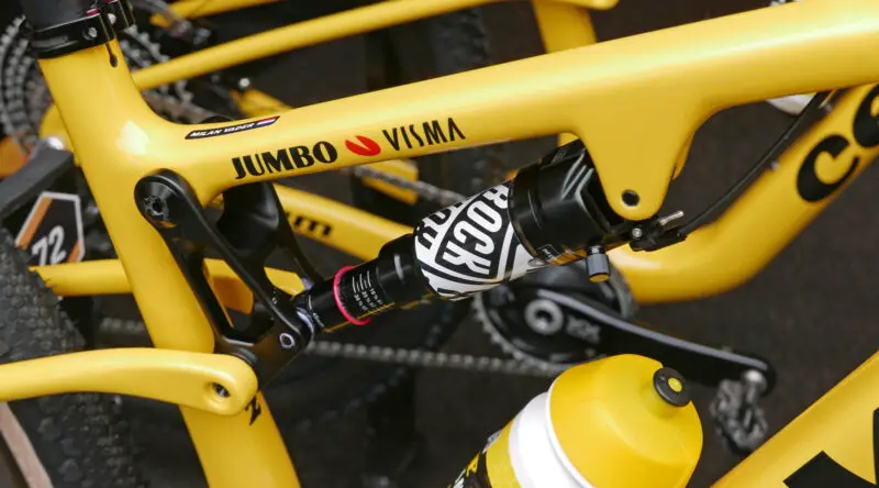 Cervelo ZFS-5 LinkLock prototype lockout gadget, XCO full-suspension to XCC hardtail conversion, with shock