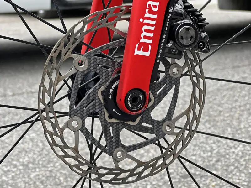 Carbon-Ti X-Rotor SteelCarbon 3 prototype centerlock disc brake rotors, UAE Emirates, up-close