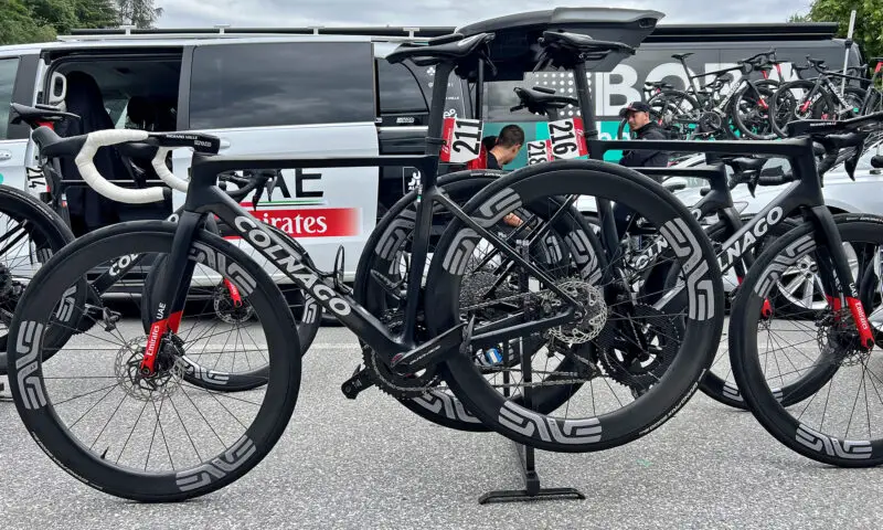 Carbon-Ti X-Rotor SteelCarbon 3 prototype centerlock disc brake rotors, UAE Team Emirates Colnago V4Rs bikes, race-ready
