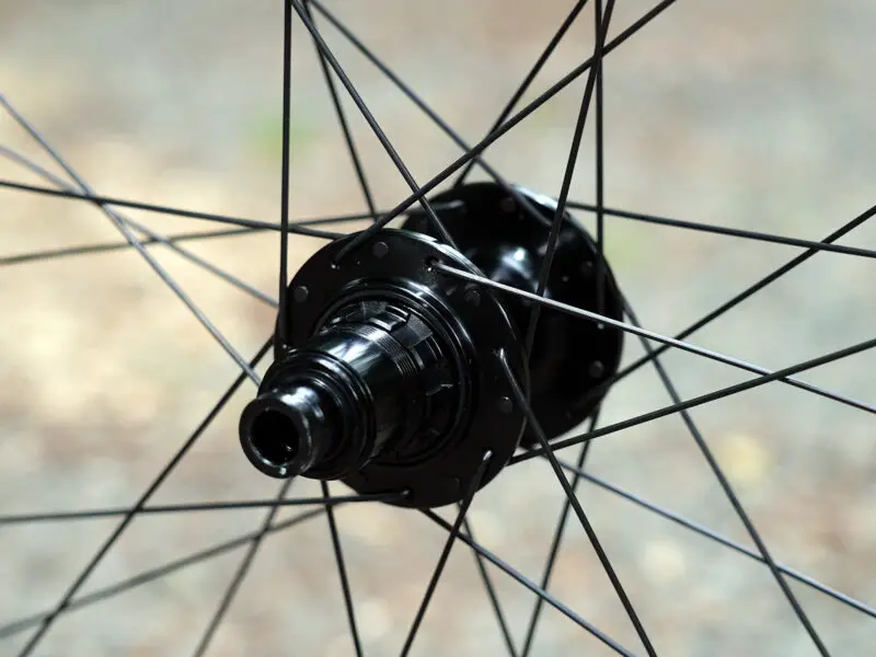 closeup hub details on crank brothers synthesis carbon gravel wheels