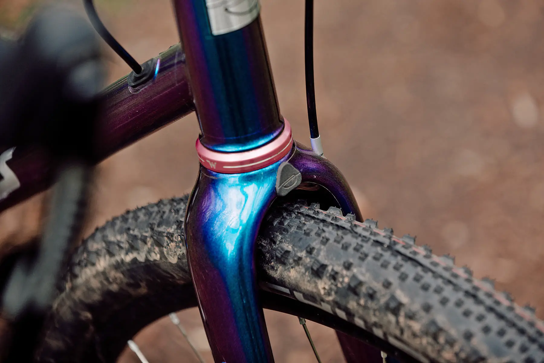 Sour Business ultra-tough carbon gravel adventure bikepacking fork, custom Purple Haze photo by Flori, crown plug detail