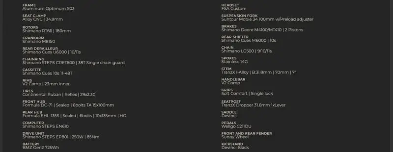 Devinci E-Cartier LTD Spec sheet
