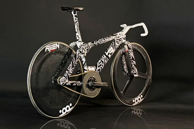 TRed X23 Swanigami individualized aerodynamics 3D-printed scandium aluminum alloy track bike prototype, angled rear