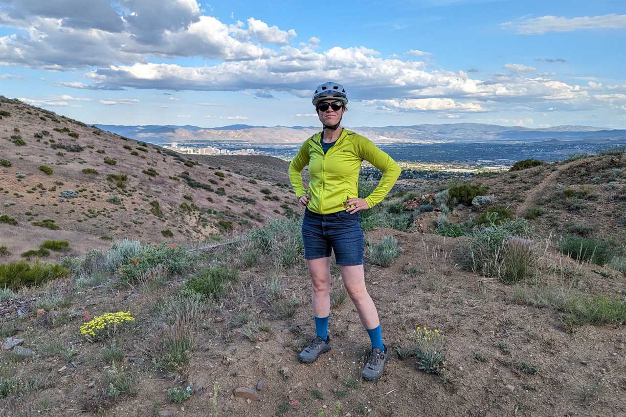 Posing in the Ripton & Co. Jorts during an evening test ride
