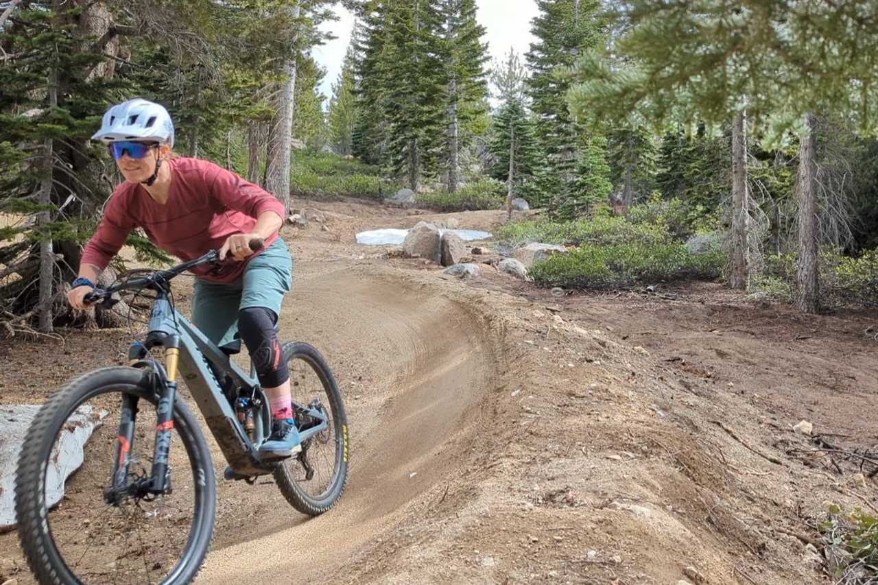 The Patagonia Dirt Roamer women's mountain bike shorts in action