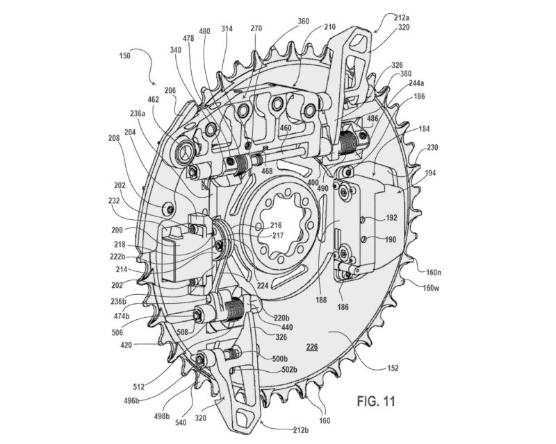 sram chainring coupled front derailleur internal motor shafts pivots drivers rotate up-shift down-shift apparatus shift chain between chainrings