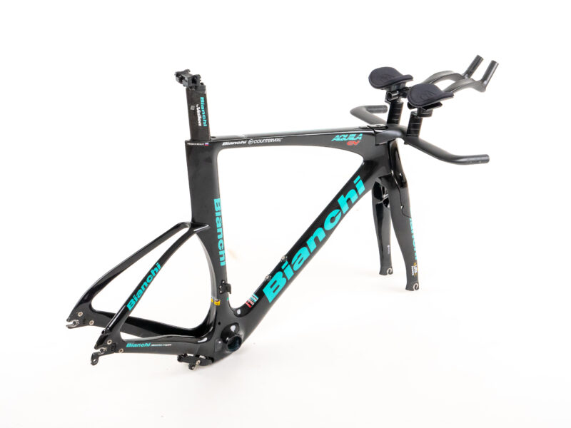 Primoz Roglic's Bianchi Aquila CV 2018 frameset. Side rear view against a white background.