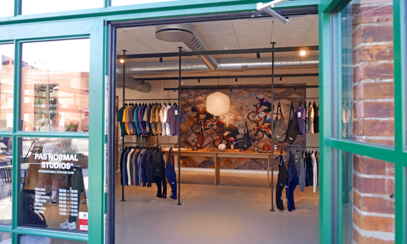 Pas Normal Studios Mechanism Pro road race cycling kit, Copenhagen HQ cafe shop