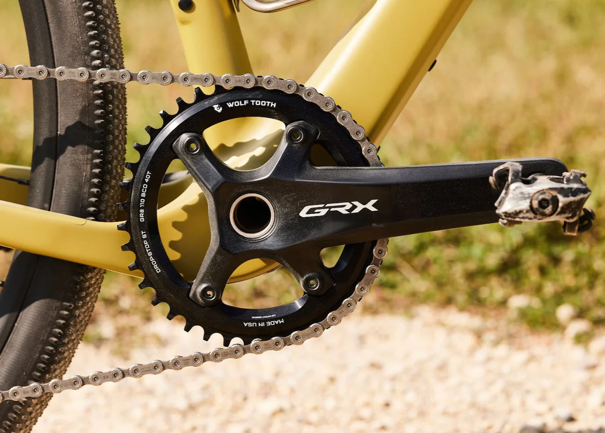 12-speed shimano grx chainrings from wolf tooth components shown on a bike